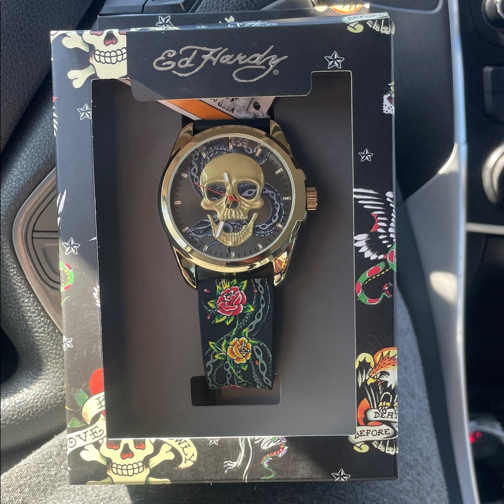 Ed Hardy Black and Gold Skull Watch